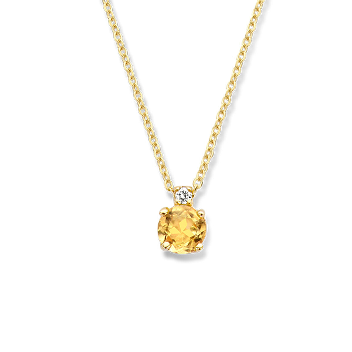 Collana in oro giallo 14K con citrino e diamante di 0,015 ct, lunghezza 40 cm.