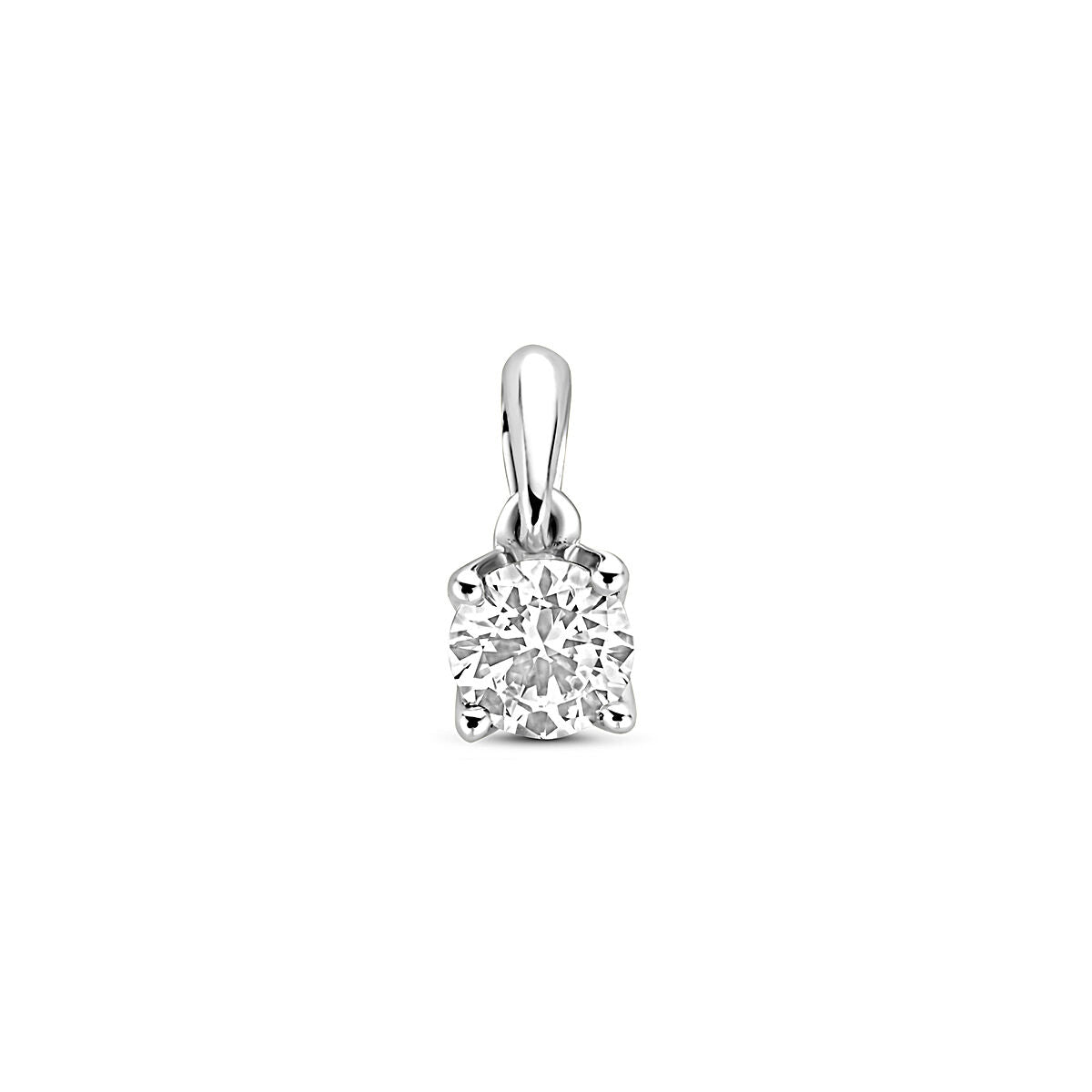 Ciondolo in oro bianco 14K con diamante lab grown di 0,25 ct, forma rotonda e dimensione di 9,5 mm.