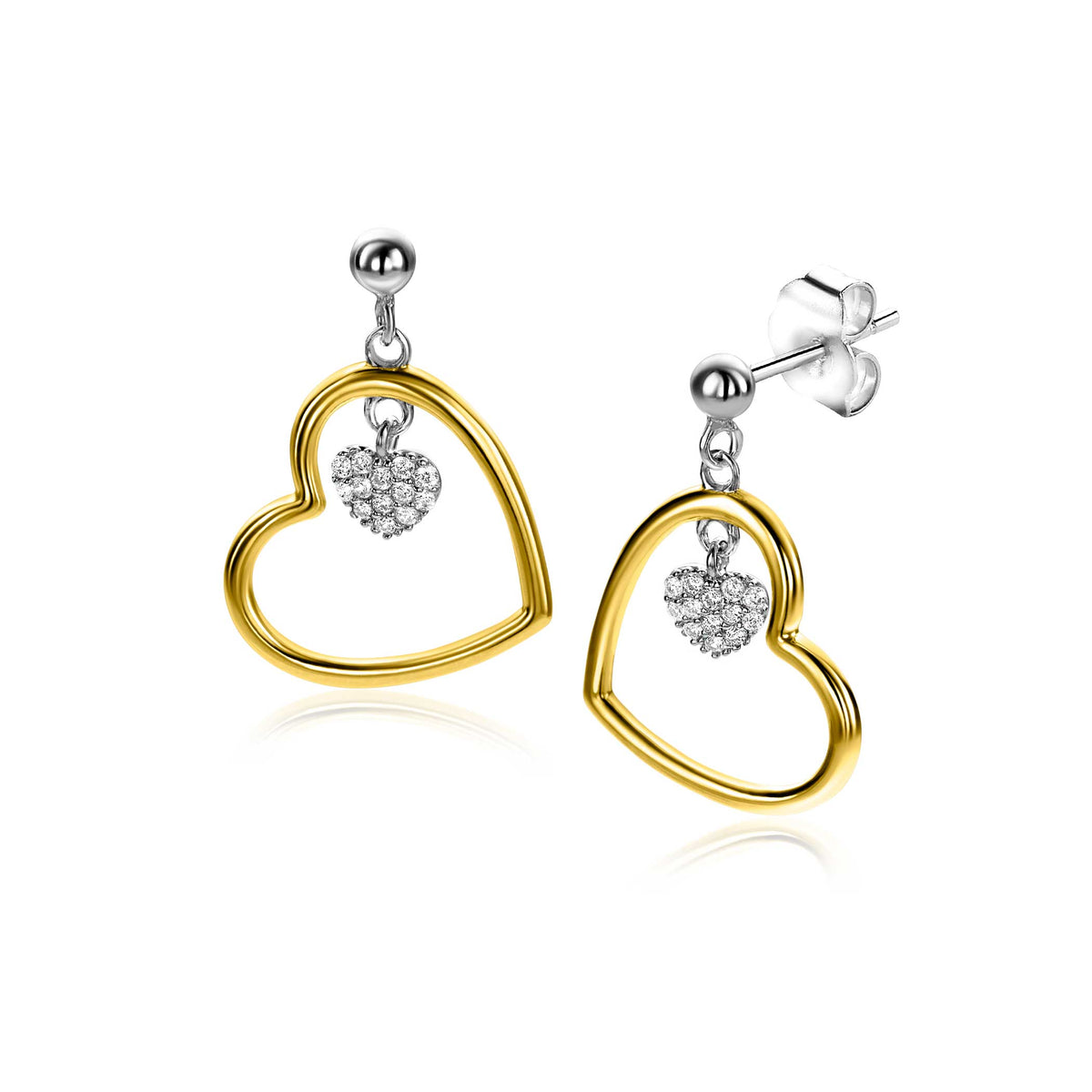 Orecchini a forma di cuore in argento placcato oro con pendente a cuore in zirconia.