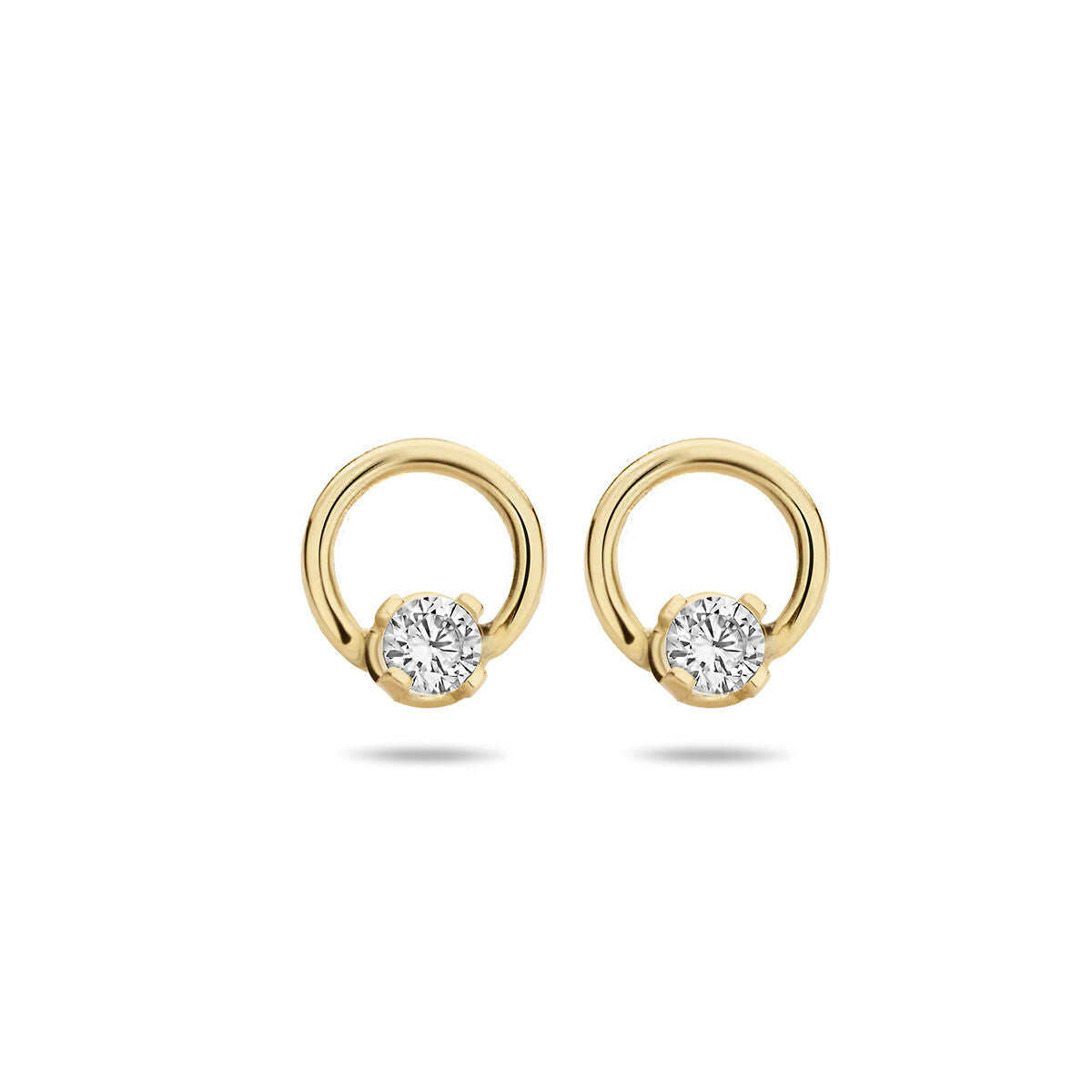 Orecchini in oro giallo 14K con zircone, forma rotonda.