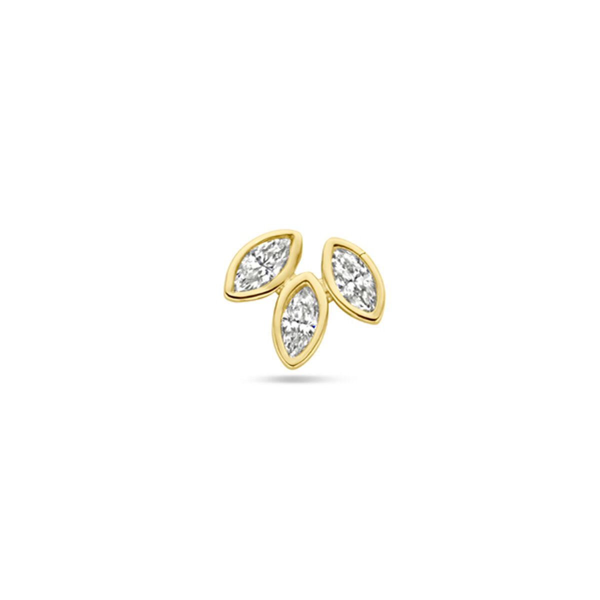 Piercing in oro giallo 14K con tre zirconi a forma di goccia, diametro 5,5 mm.