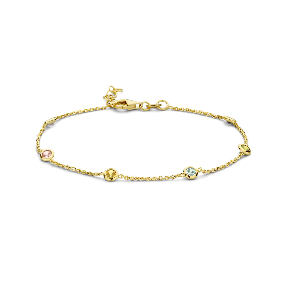 Bracciale in argento dorato con zircone multicolore, lunghezza 18 + 2 cm.