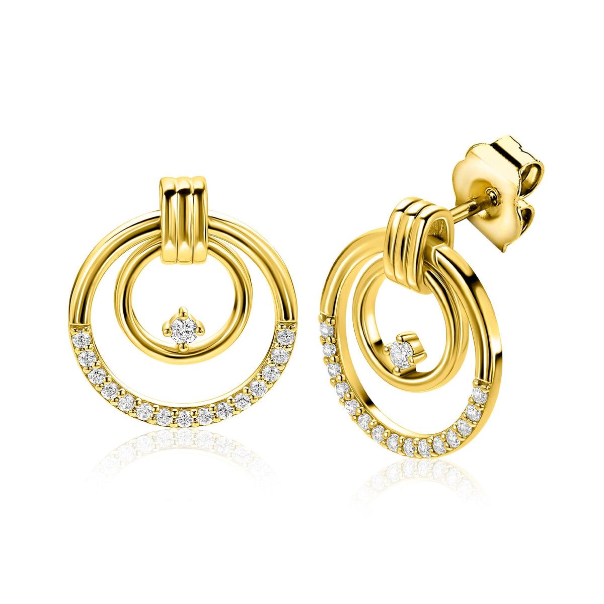 Orecchini in argento dorato con due cerchi, decorati con zirconi, di 21 mm.