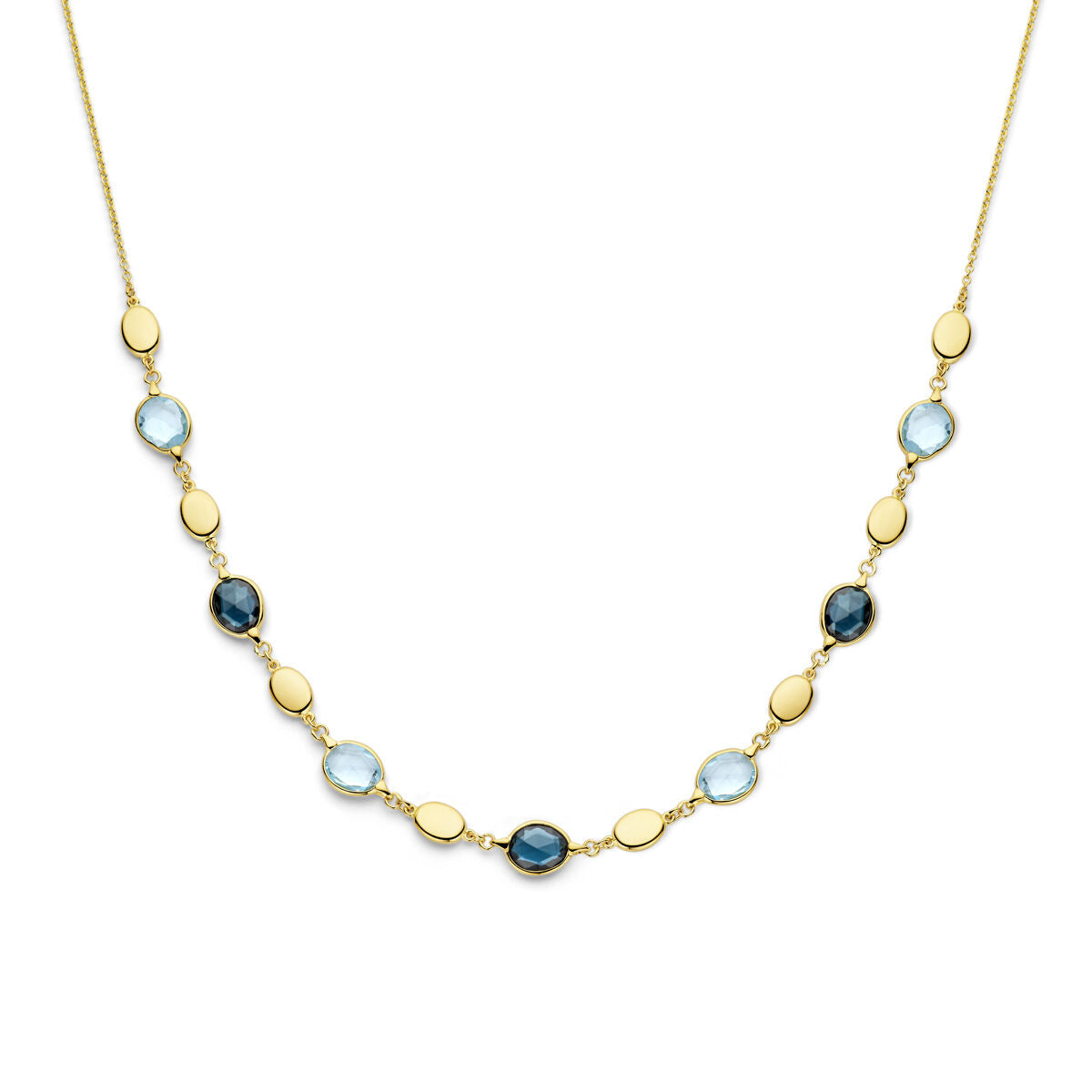 Collana in oro giallo 14K con topazi blu cielo e blu di Londra, lunghezza 43 cm.