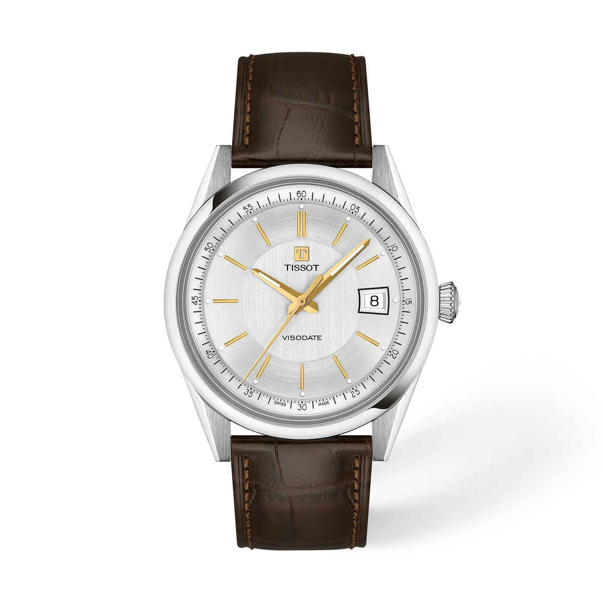 Orologio Tissot Visodate con cassa argentata, quadrante chiaro e cinturino in pelle marrone.