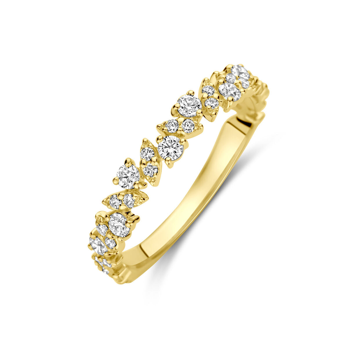 Anello in oro giallo 14K con diamanti da 0,49 ct, design a foglia.