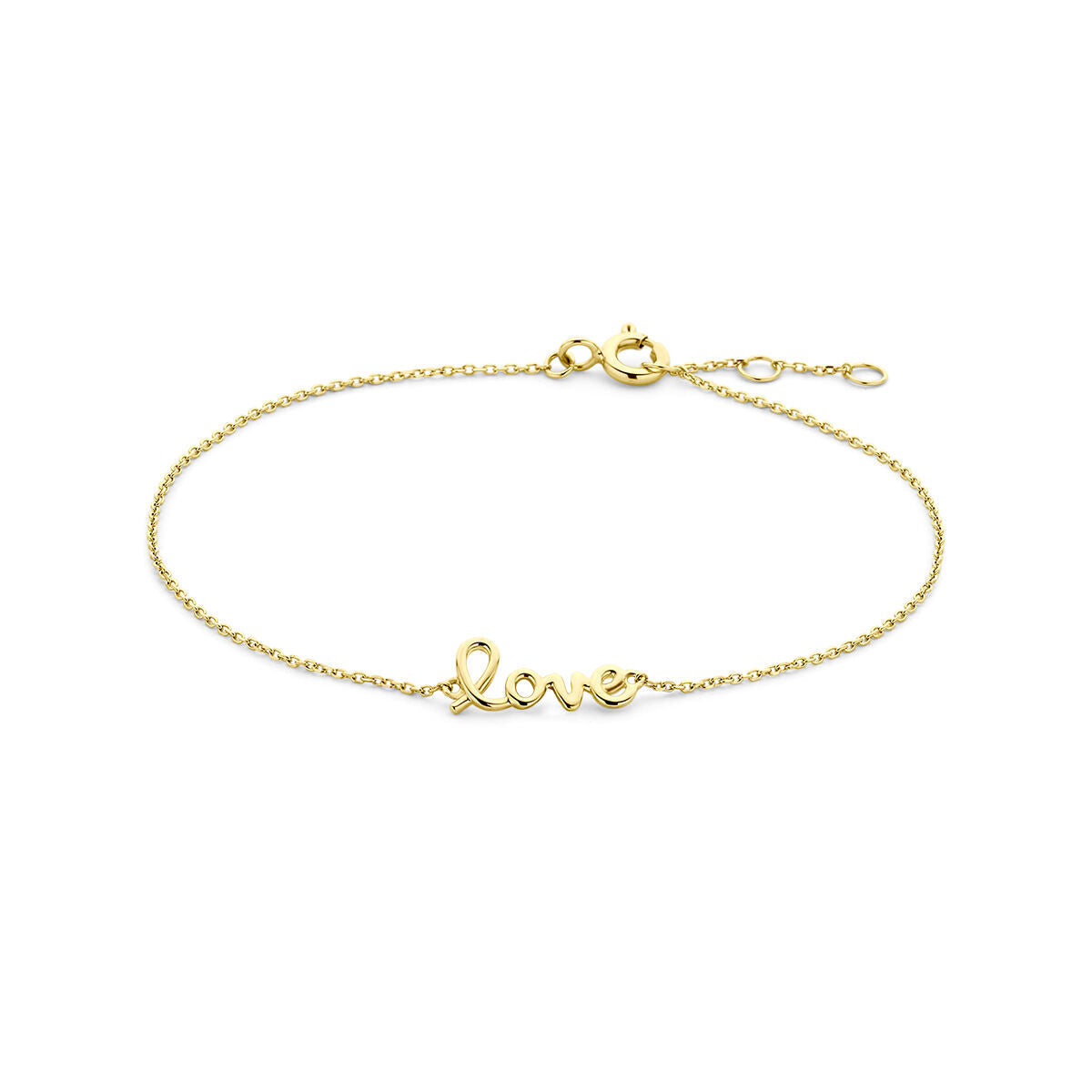 Bracciale in oro giallo 14K con la scritta "love" in rilievo.