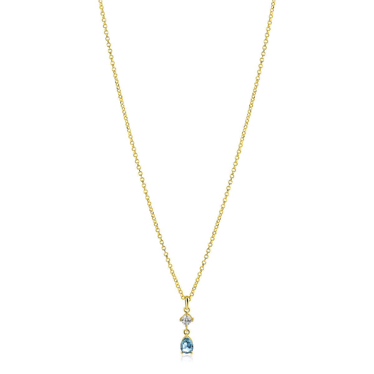 Collana placcata oro con pendente a goccia blu e dettagli luminosi.