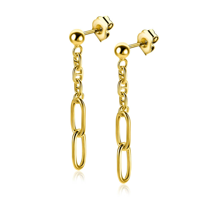 Een paar Zinzi Oorbellen Gold Plated Zio2413 G oorbellen met kleine bol studs en bungelende schakels, afgebeeld op een witte achtergrond.