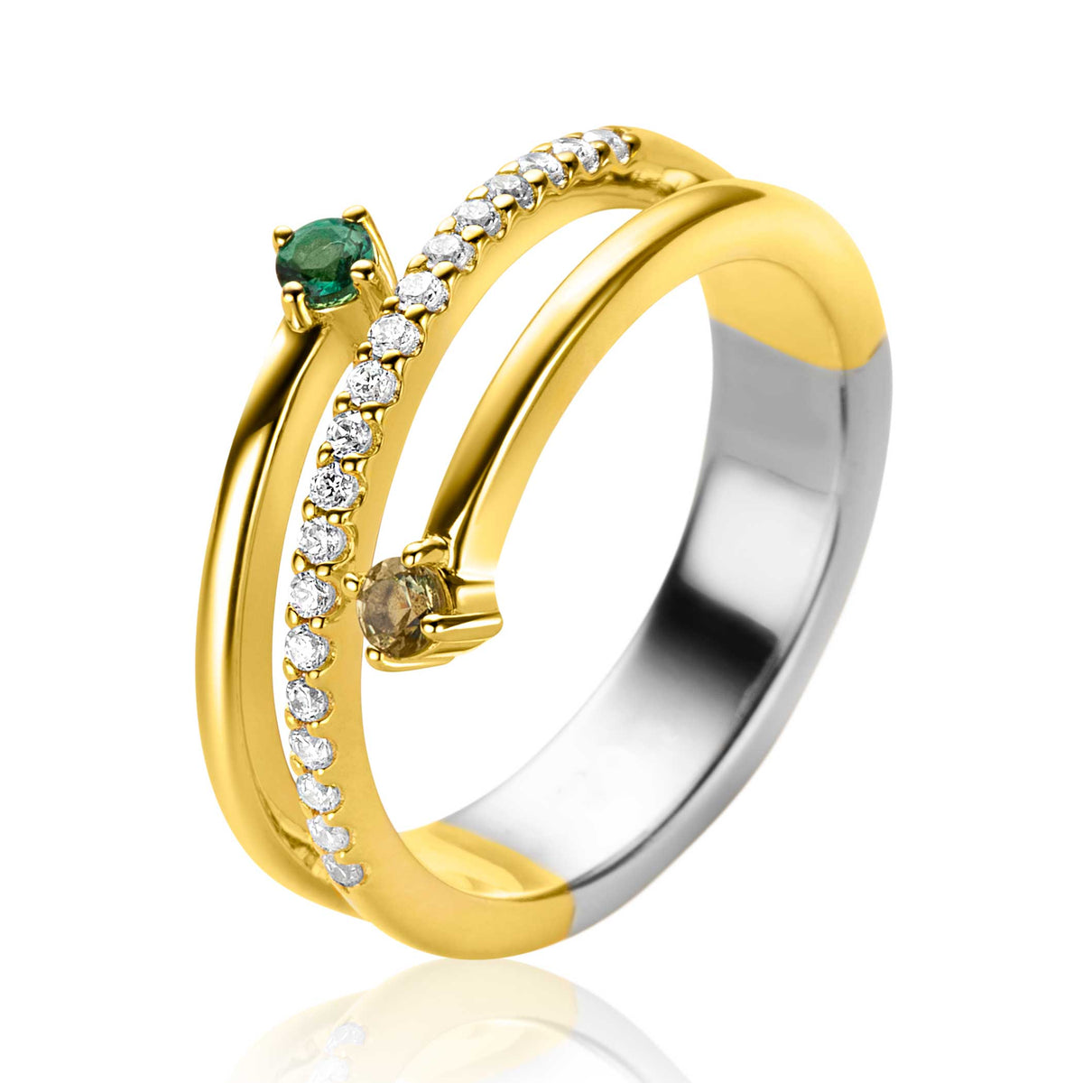 Anello in argento con dettagli dorati, decorato con pietre verdi e zirconi.
