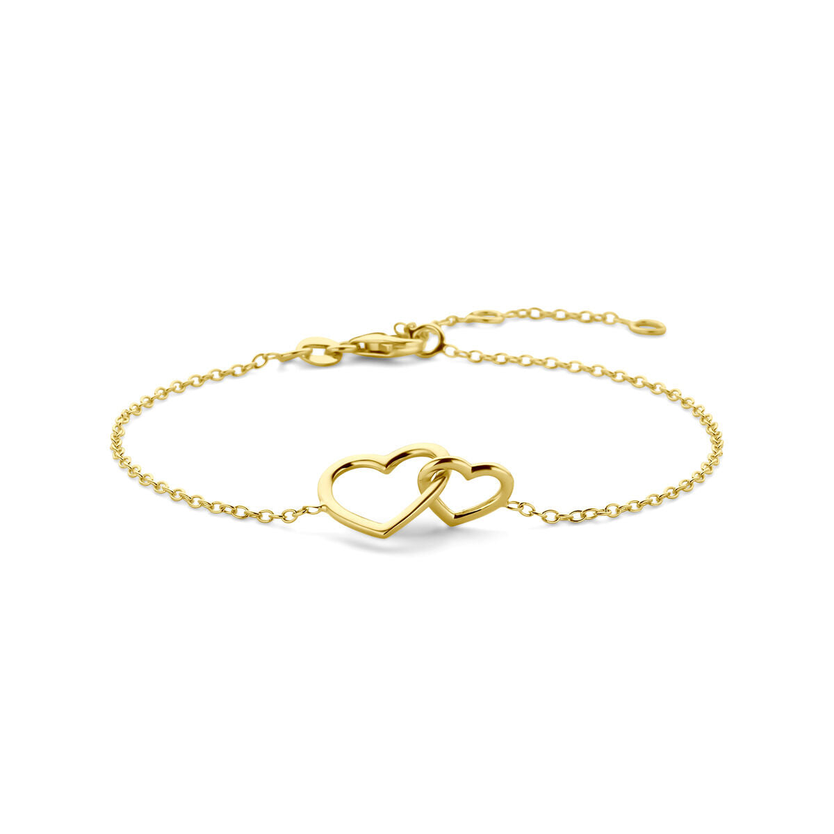 Bracciale in oro giallo 14K con charm a forma di cuori intrecciati.