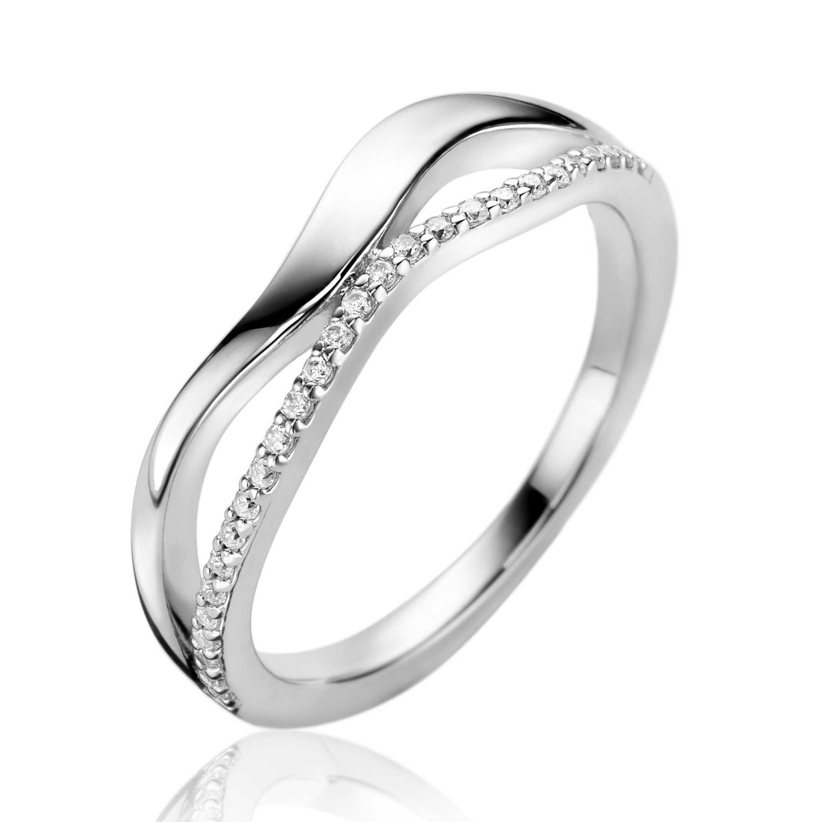 Anello in argento con design ondulato e pavé di zirconi.