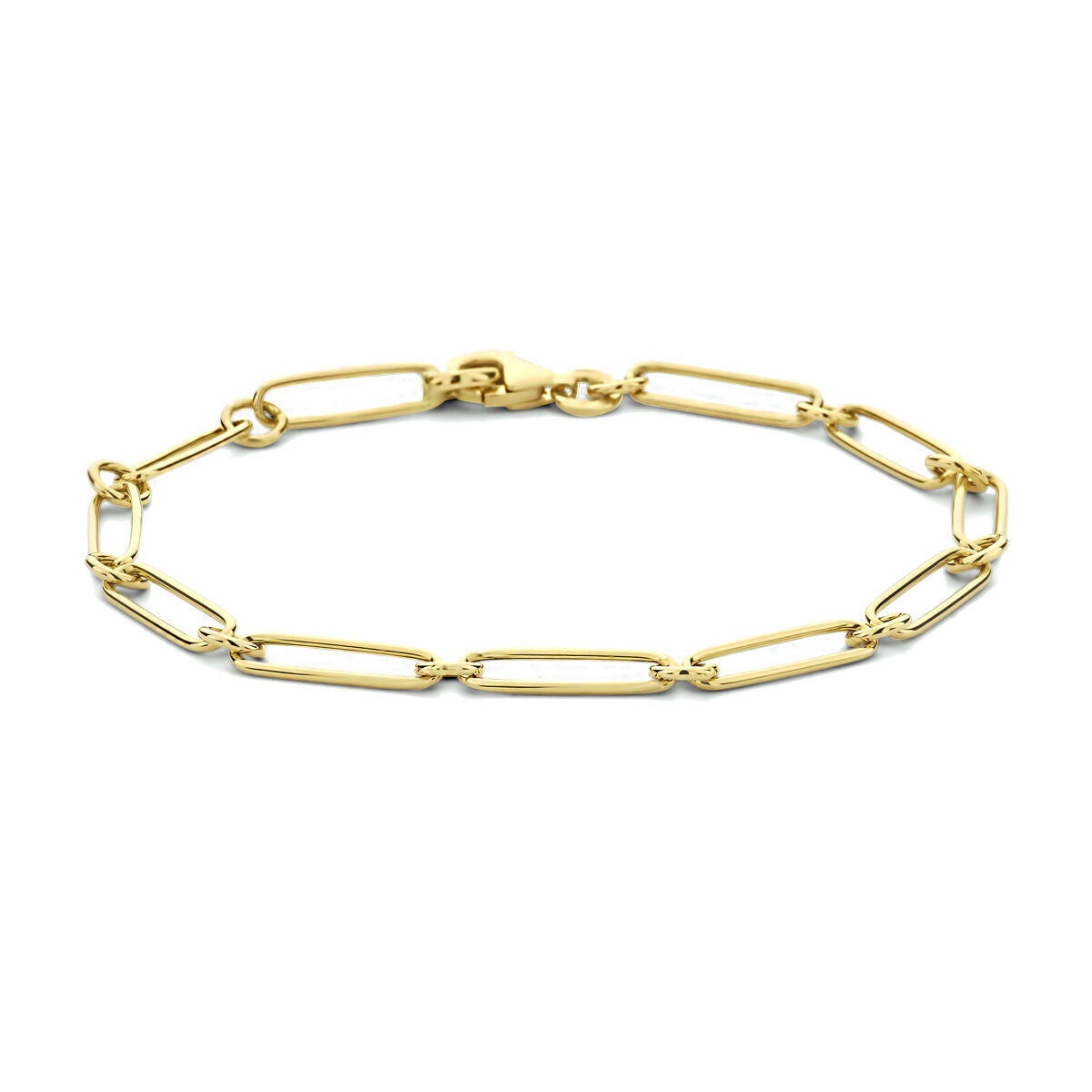 Bracciale in oro giallo 14K con maglie a forma di clip e tubi piatti.