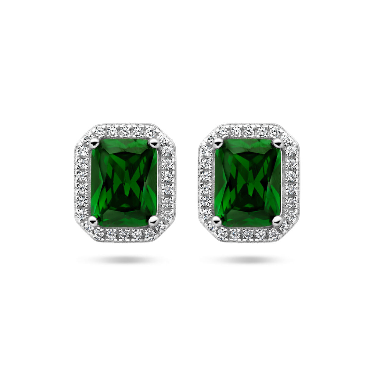 Orecchini con zirconi verdi e bianchi, montatura in argento rodiato, forma ottagonale.