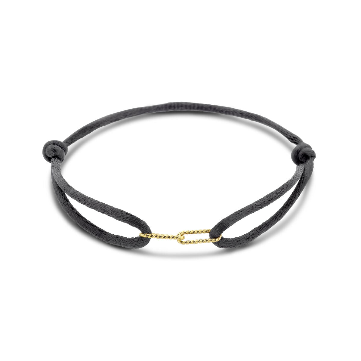 Bracciale in satin nero da 13 a 26 cm con dettagli in oro 14K e chiusura in nylon.