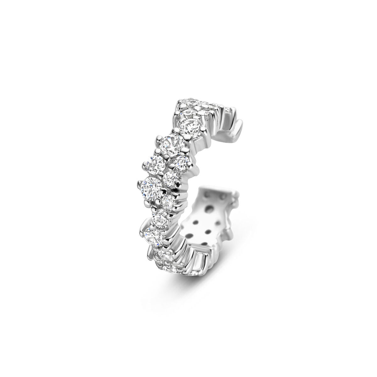 Ear cuff argento con zirconi 925 rodiato, con design ondulato e dettagli brillanti.