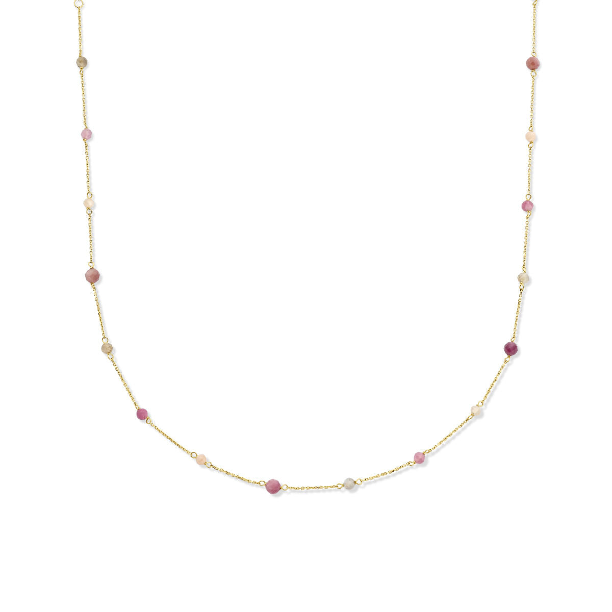 Collana in oro giallo 14K con perle di tormalina rosa e trasparente.