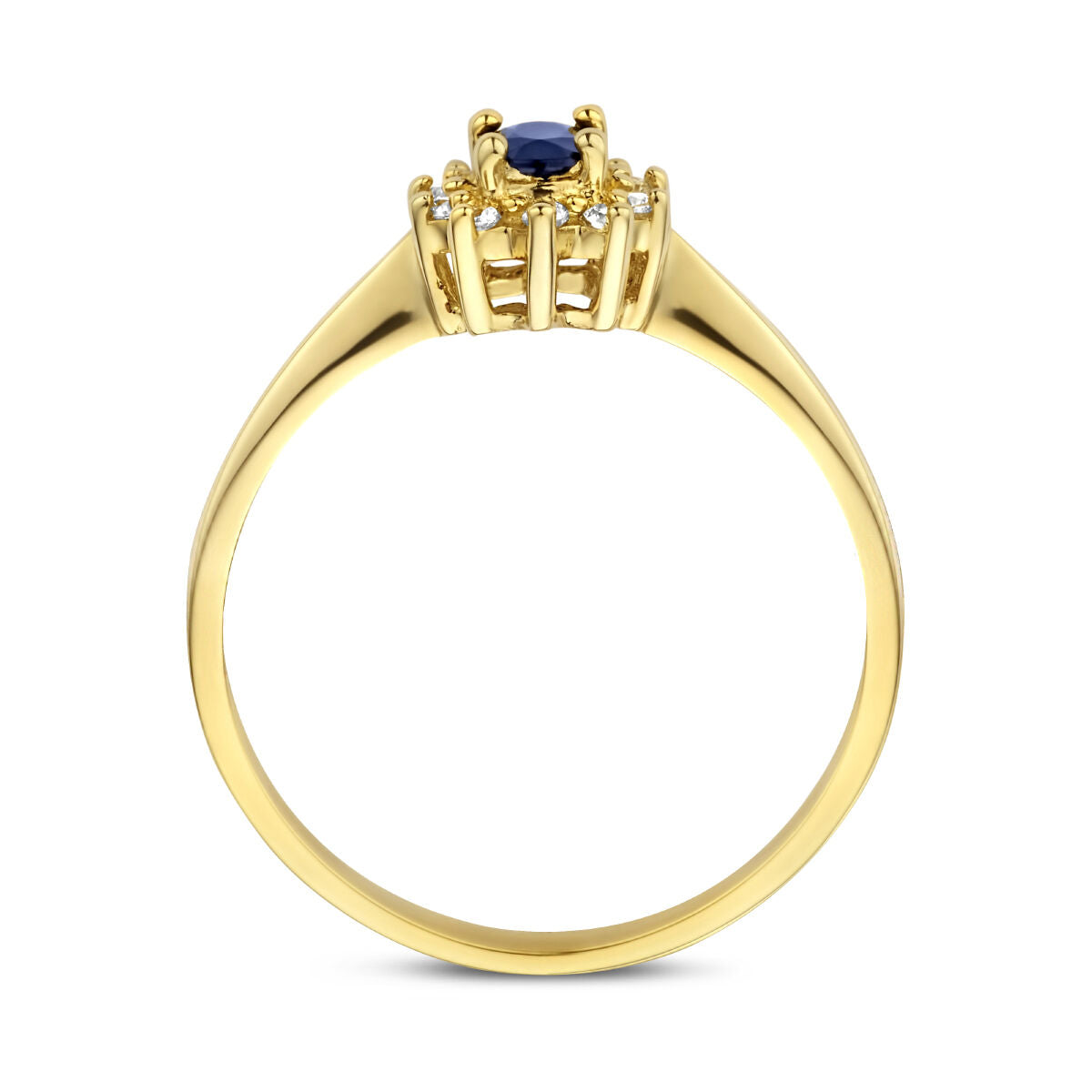 Van der Kooij Collectie ring saffier en diamant 0.08ct h p1 halo in 14K geelgoud, met een centrale ronde saffier omringd door diamanten, zijkant getoond voor het verhoogde ontwerp en sierlijke zetpootjes.