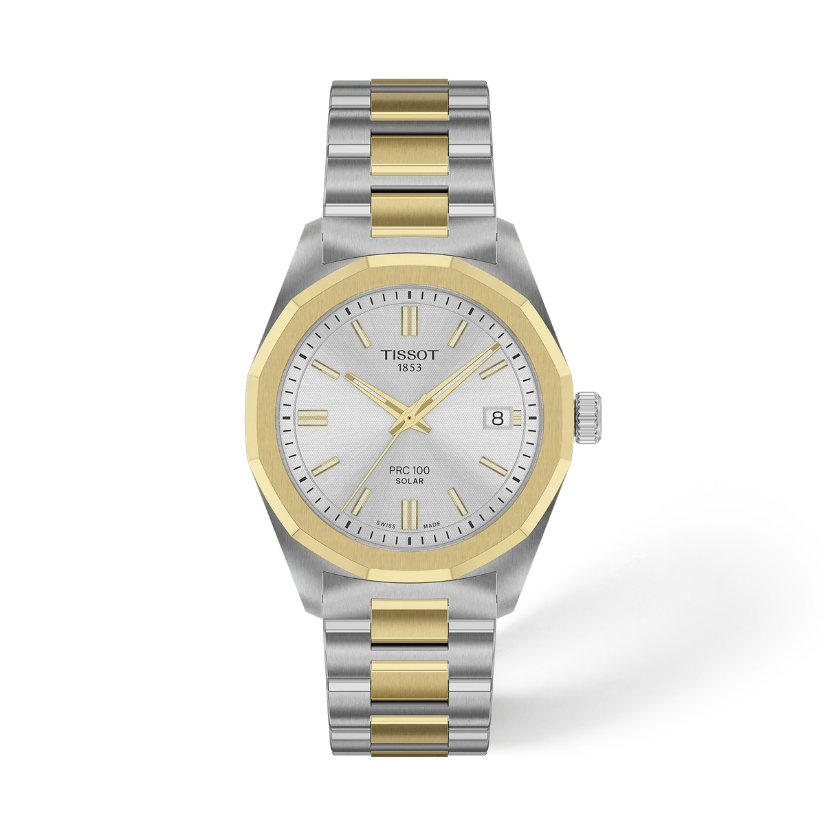 Orologio Tissot PRC 100 Solar con cassa in acciaio inox e dettagli dorati, quadrante argentato e cinturino a maglia rolò.