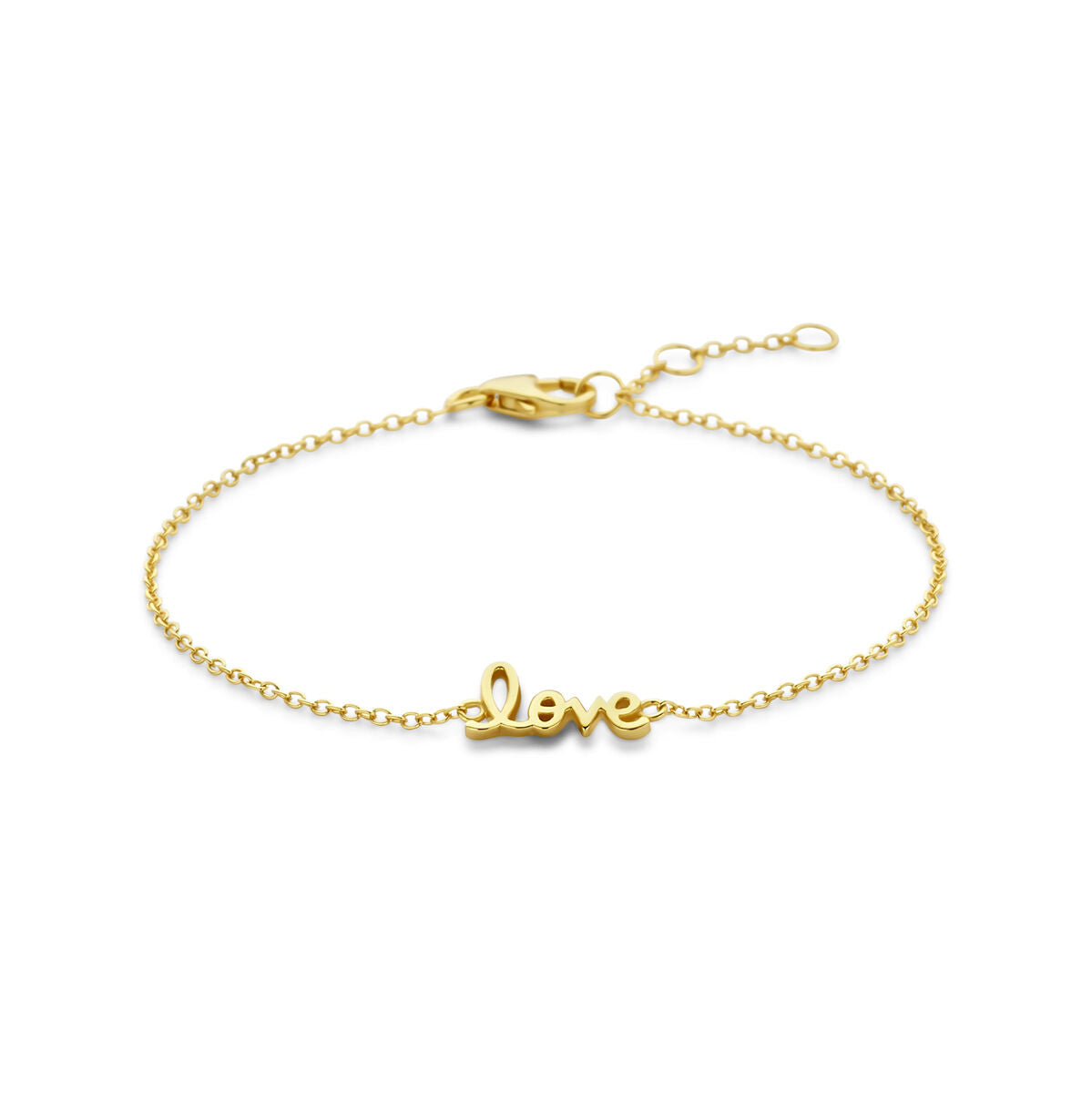 Bracciale in argento dorato con la scritta "love", lunghezza regolabile da 16,5 a 18,5 cm.