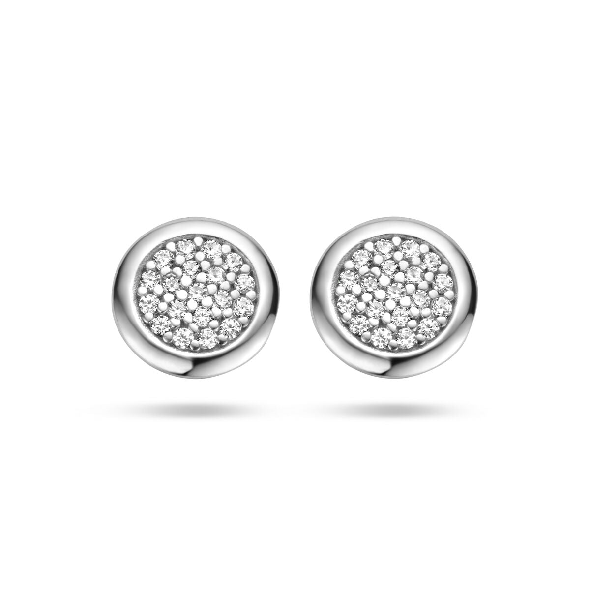 Orecchini in argento rodiato con zircone, forma rotonda e finitura lucida.
