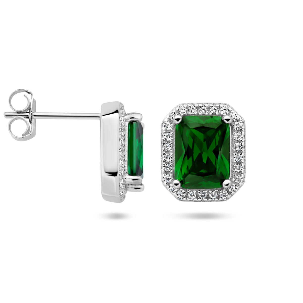 orecchini a bottone verde e bianco zirconia halo argento rodiato