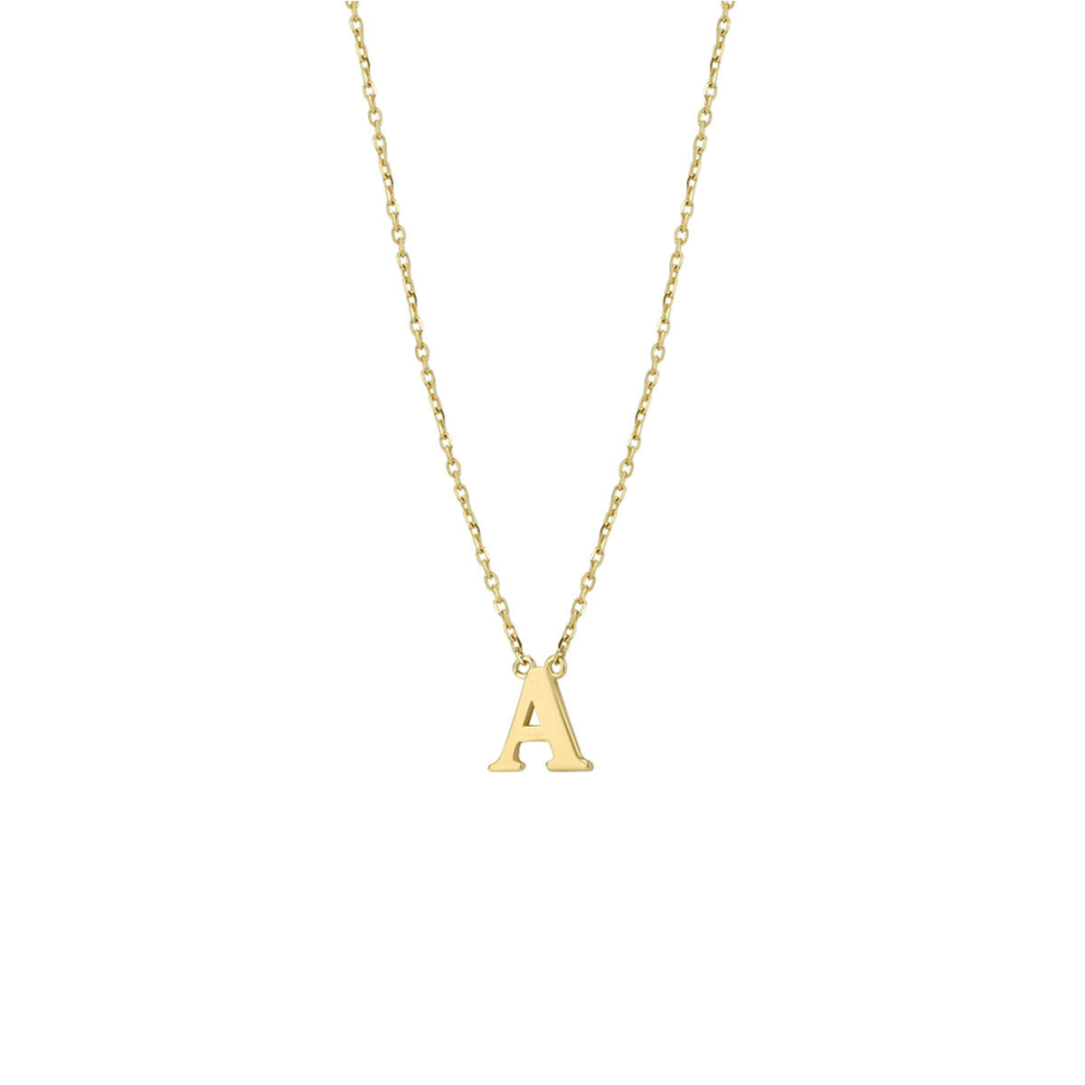Collana in oro giallo 14K con ciondolo a forma di lettera "A".