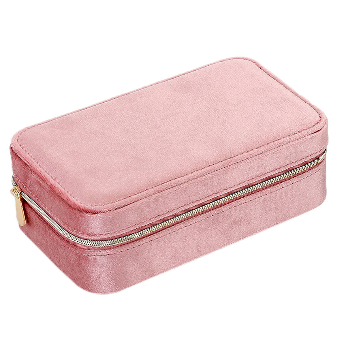 Scatola per gioielli rosa in velluto con chiusura zip dorata.