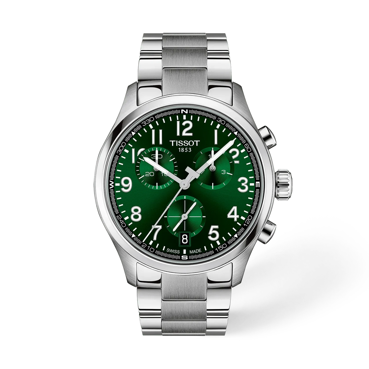 Orologio Tissot Chrono con cassa in acciaio inox, quadrante verde e cinturino in acciaio.