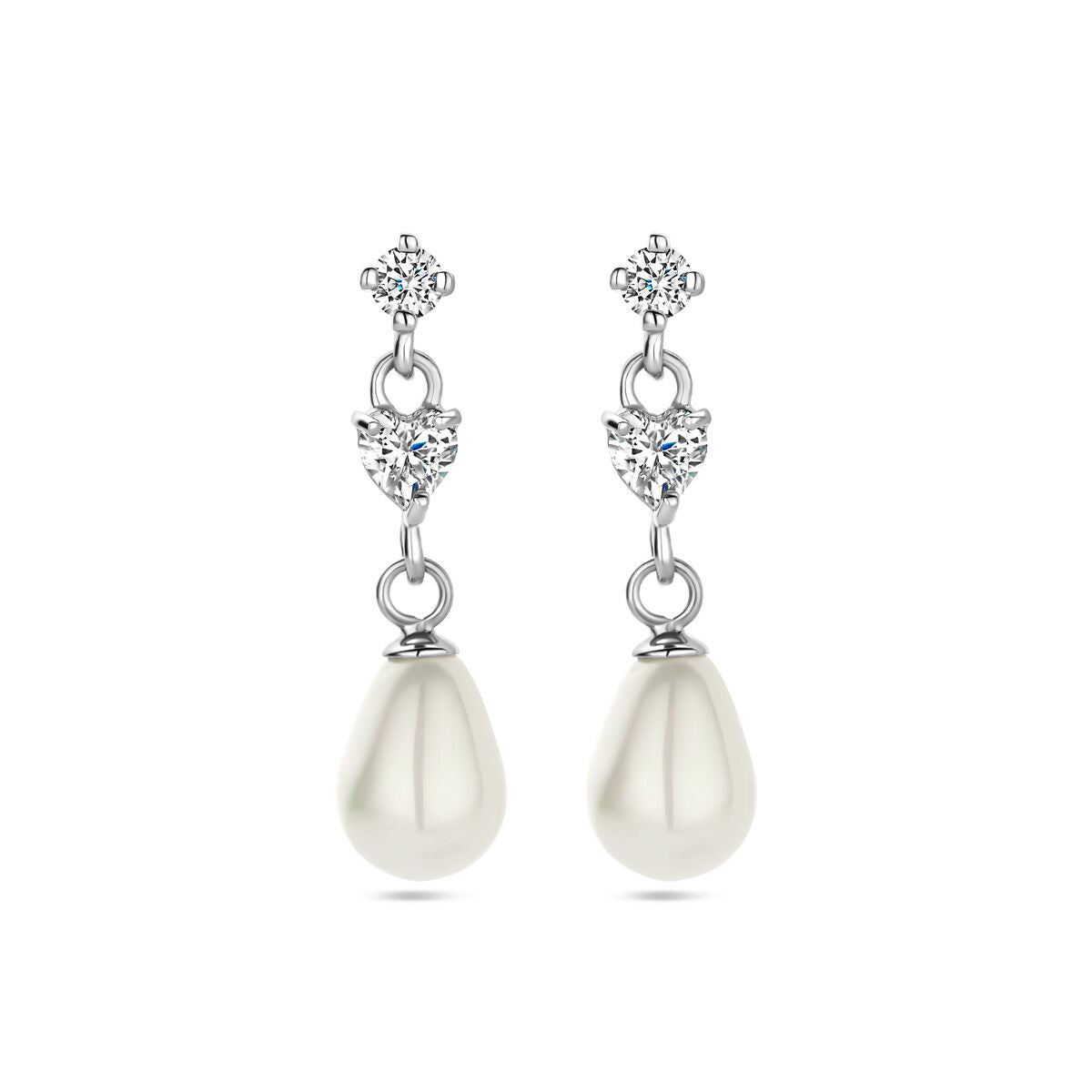 Orecchini pendenti in argento rodiato con perla e zircone.
