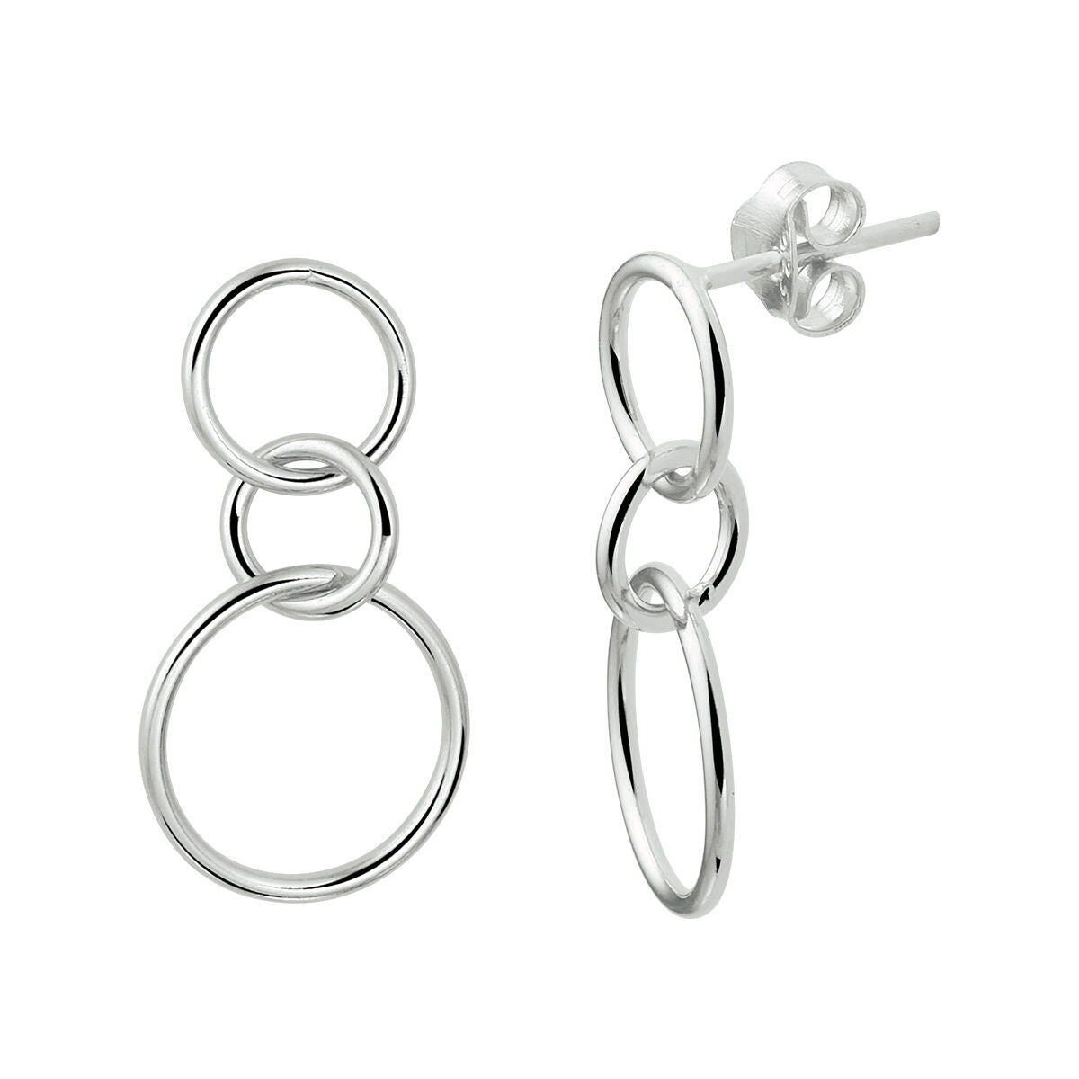 Orecchini pendenti a catena in argento rodiato con forme circolari.