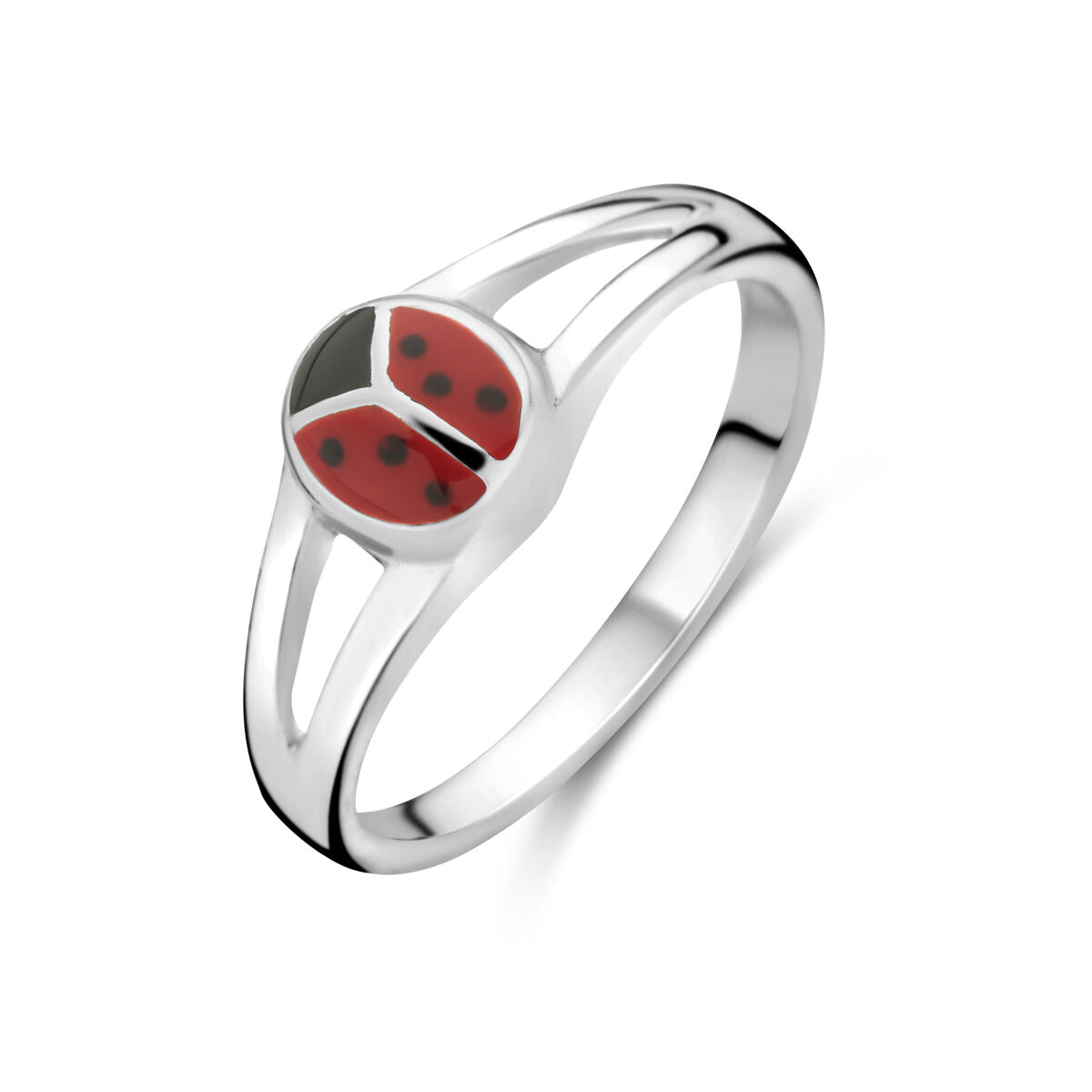 Anello in argento con decorazione a forma di coccinella rossa e nera.