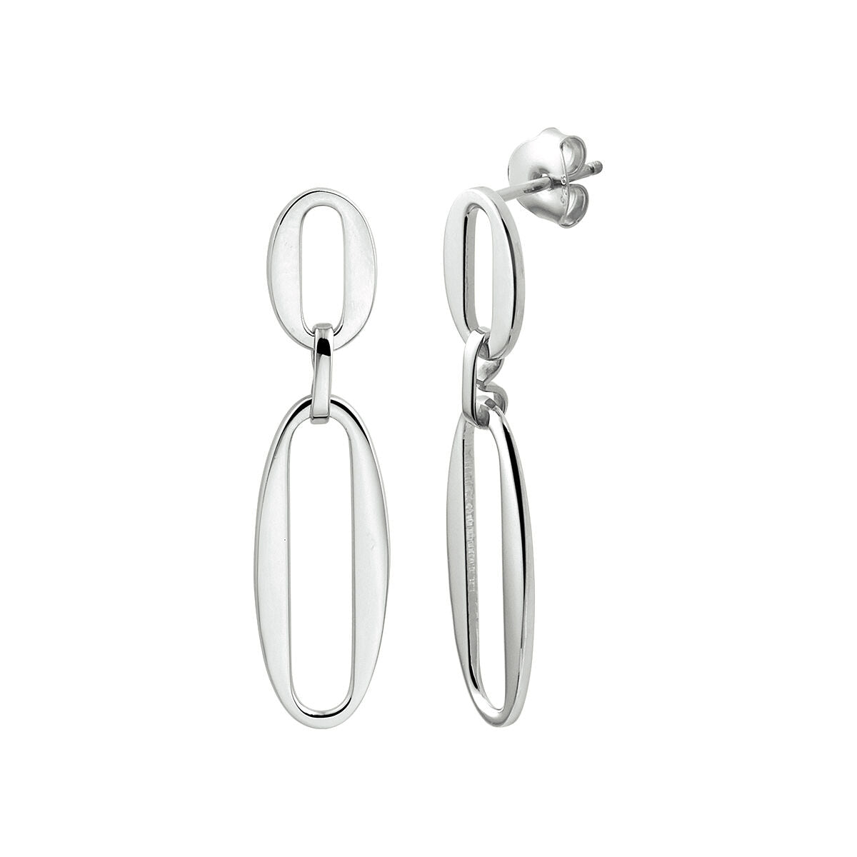Orecchini pendenti a catena in argento rodiato con forma di clip di carta.