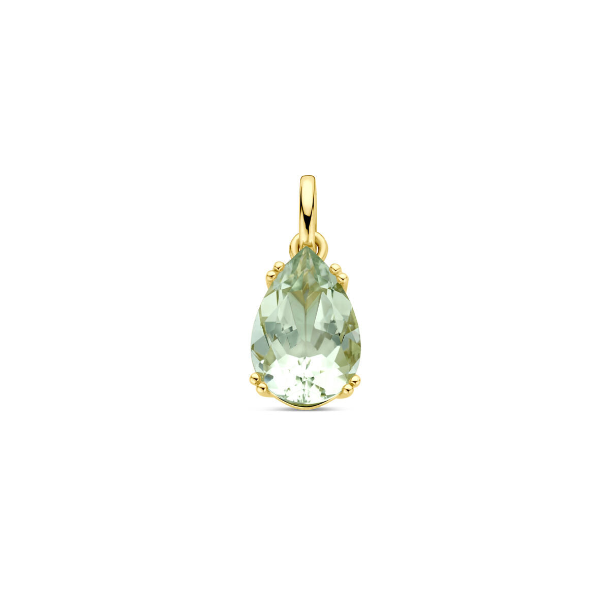 Ciondolo in ametista verde a forma di goccia, montato in oro giallo 14K.