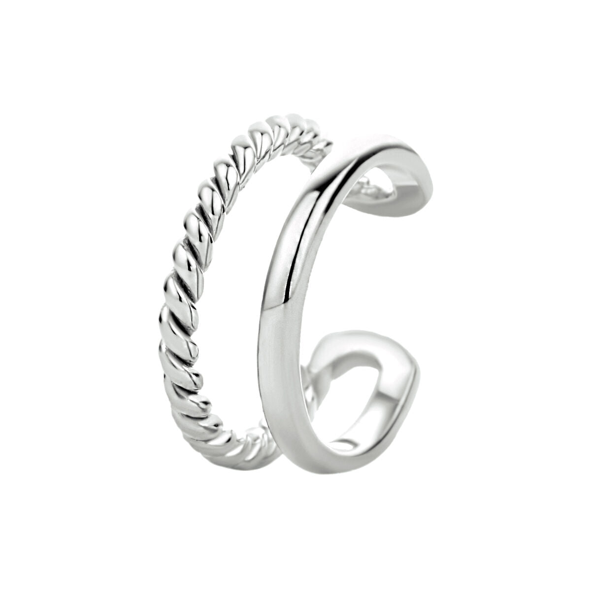 Orecchino cuff in argento rodiato con design intrecciato e liscio.