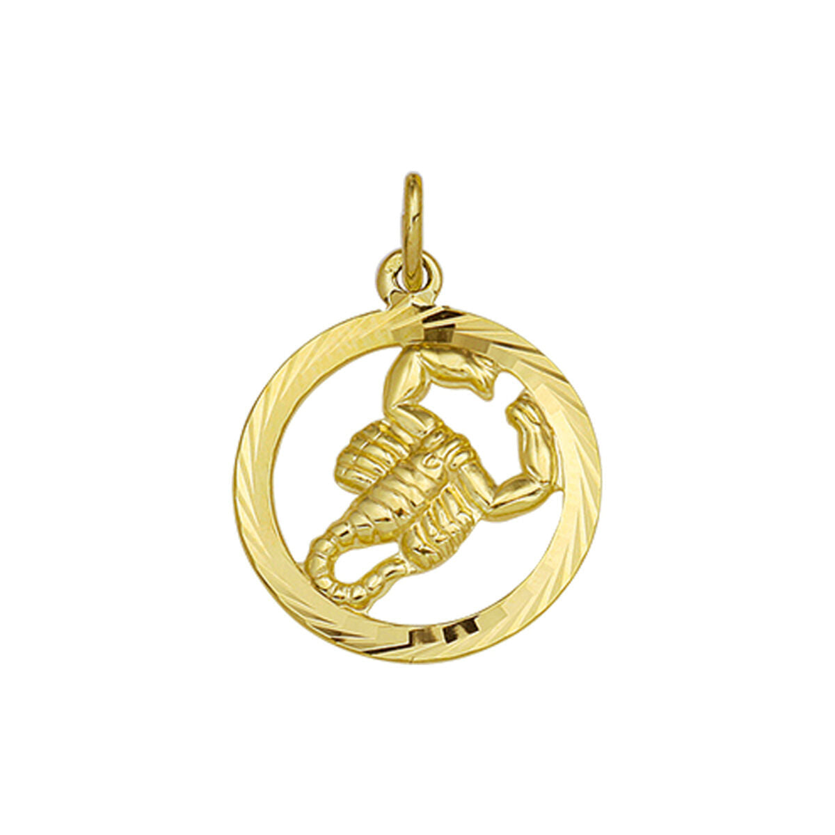Ciondolo in oro giallo 14K con simbolo dello scorpione, decorato con dettagli diamantati.