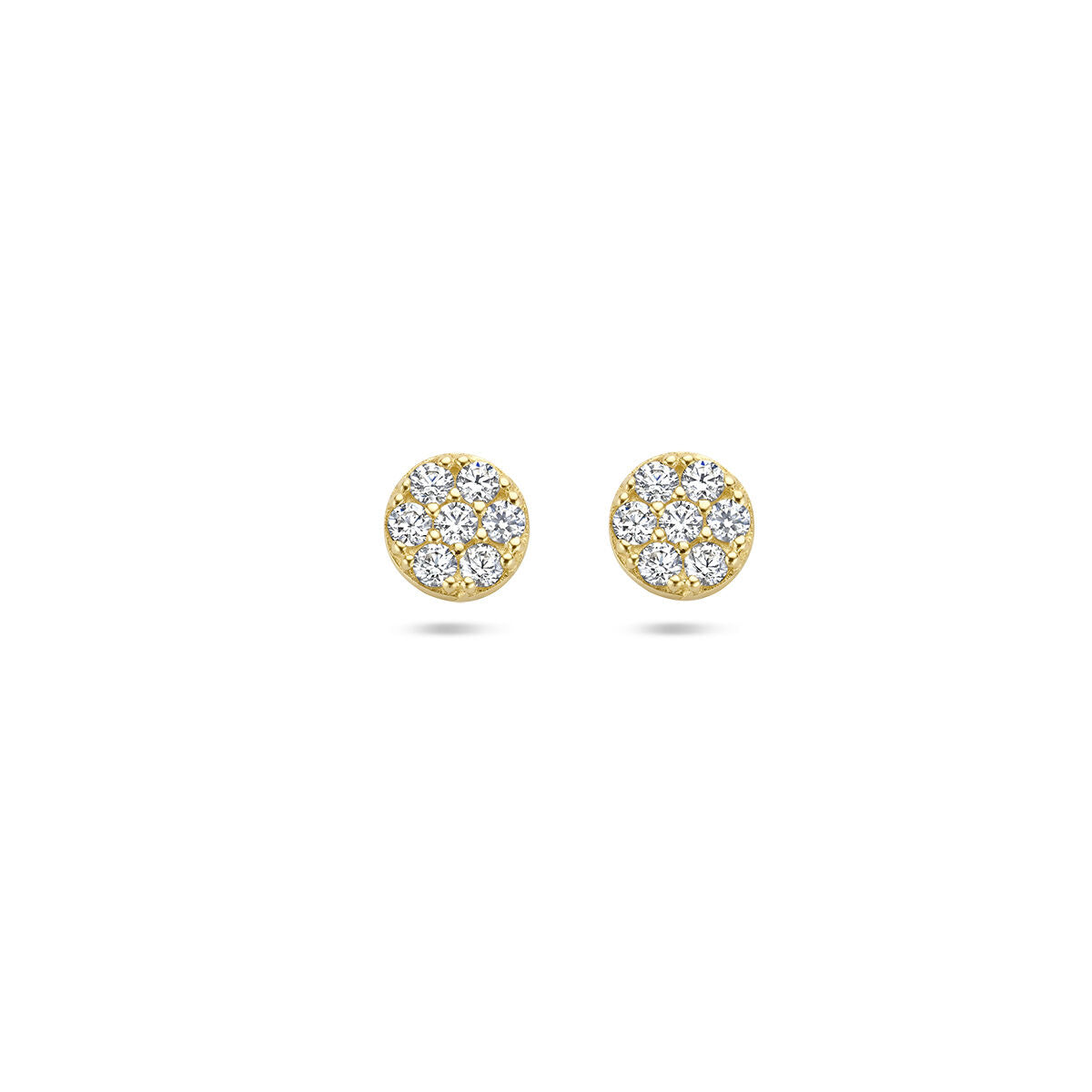 Orecchini in oro giallo 14K con zirconi, forma rotonda e design floreale.