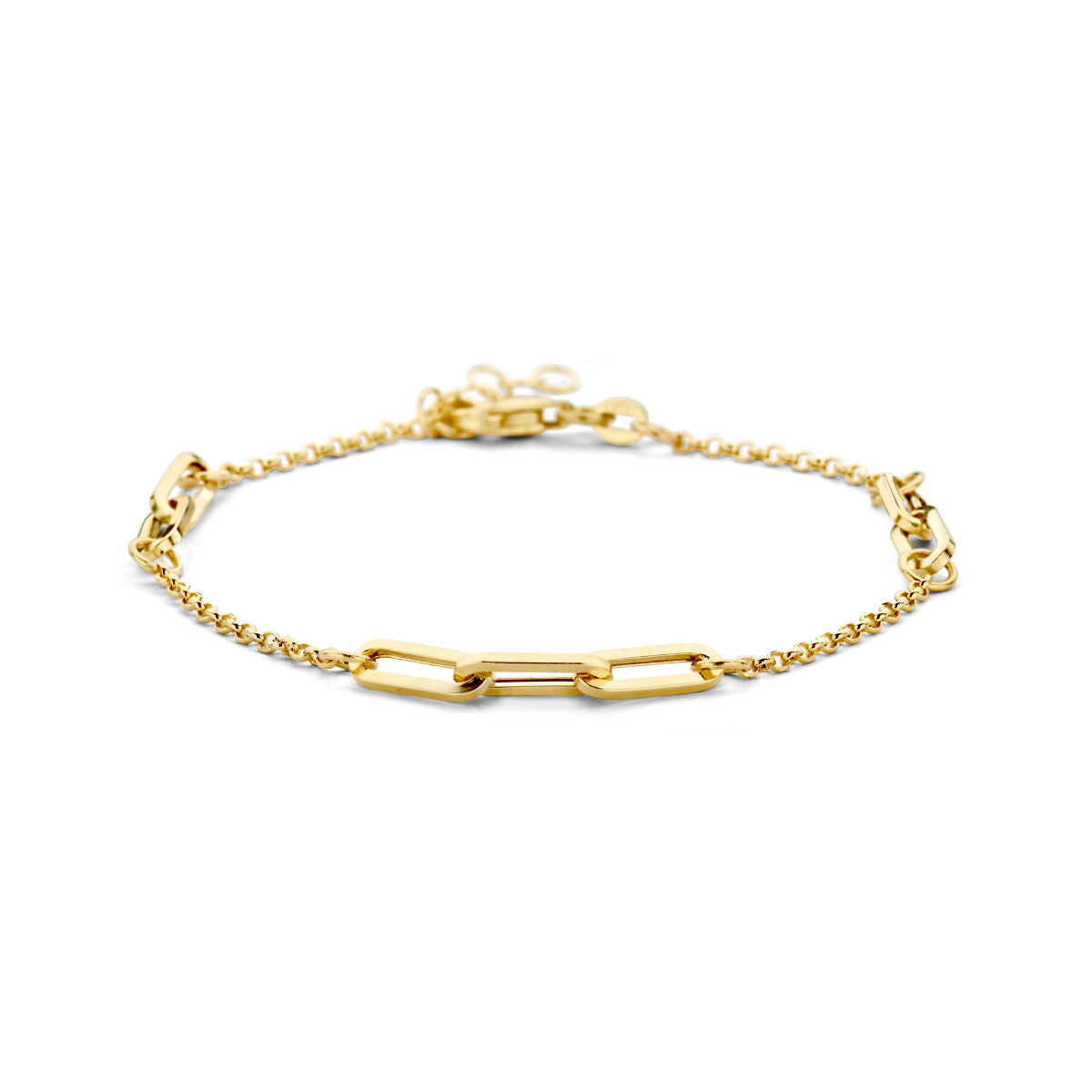 Bracciale in oro 14K con maglia rolò e dettagli a forma di clip.