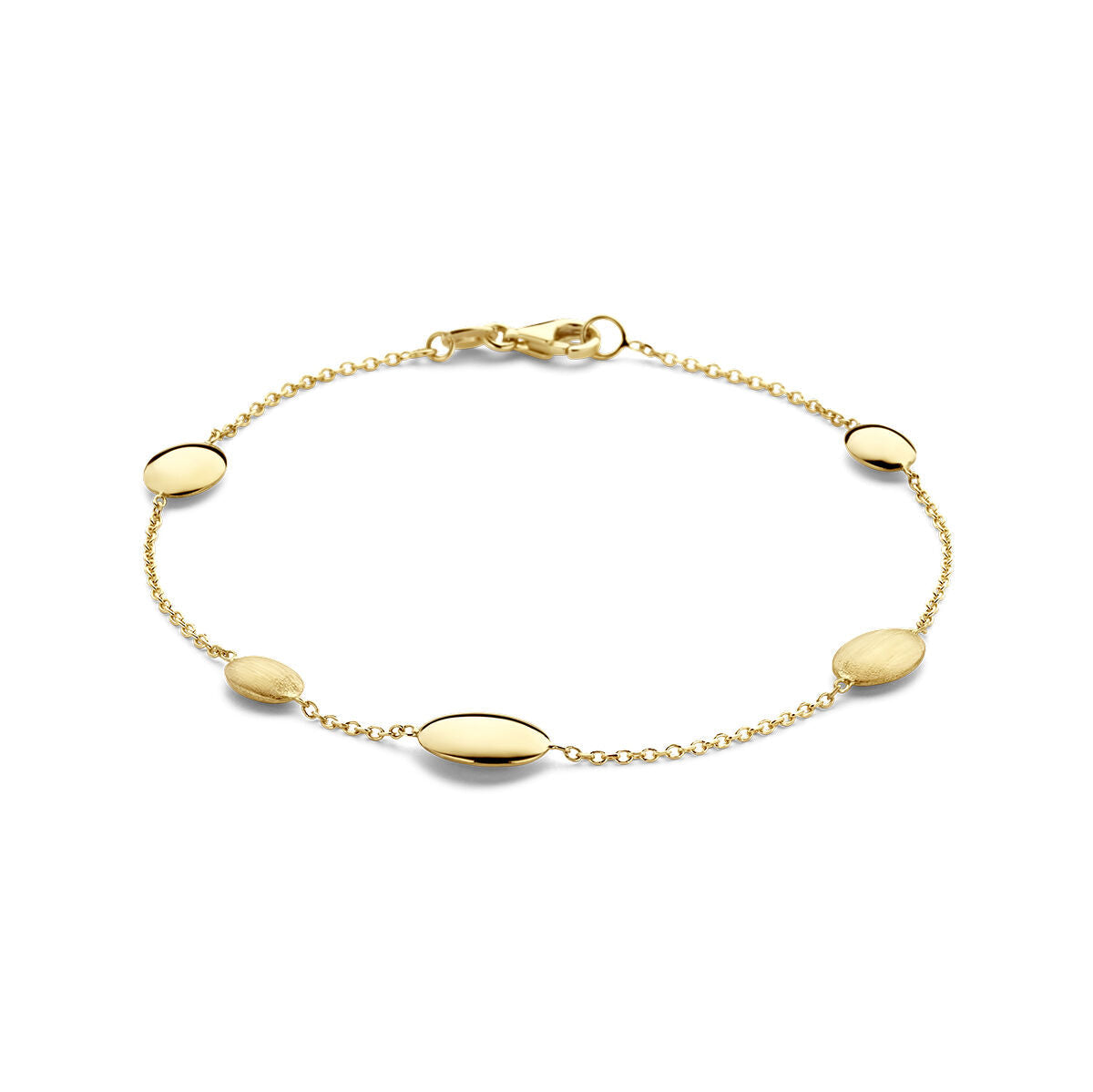 Bracciale in oro giallo 14K con finitura lucida e opaca, composto da elementi ovali.