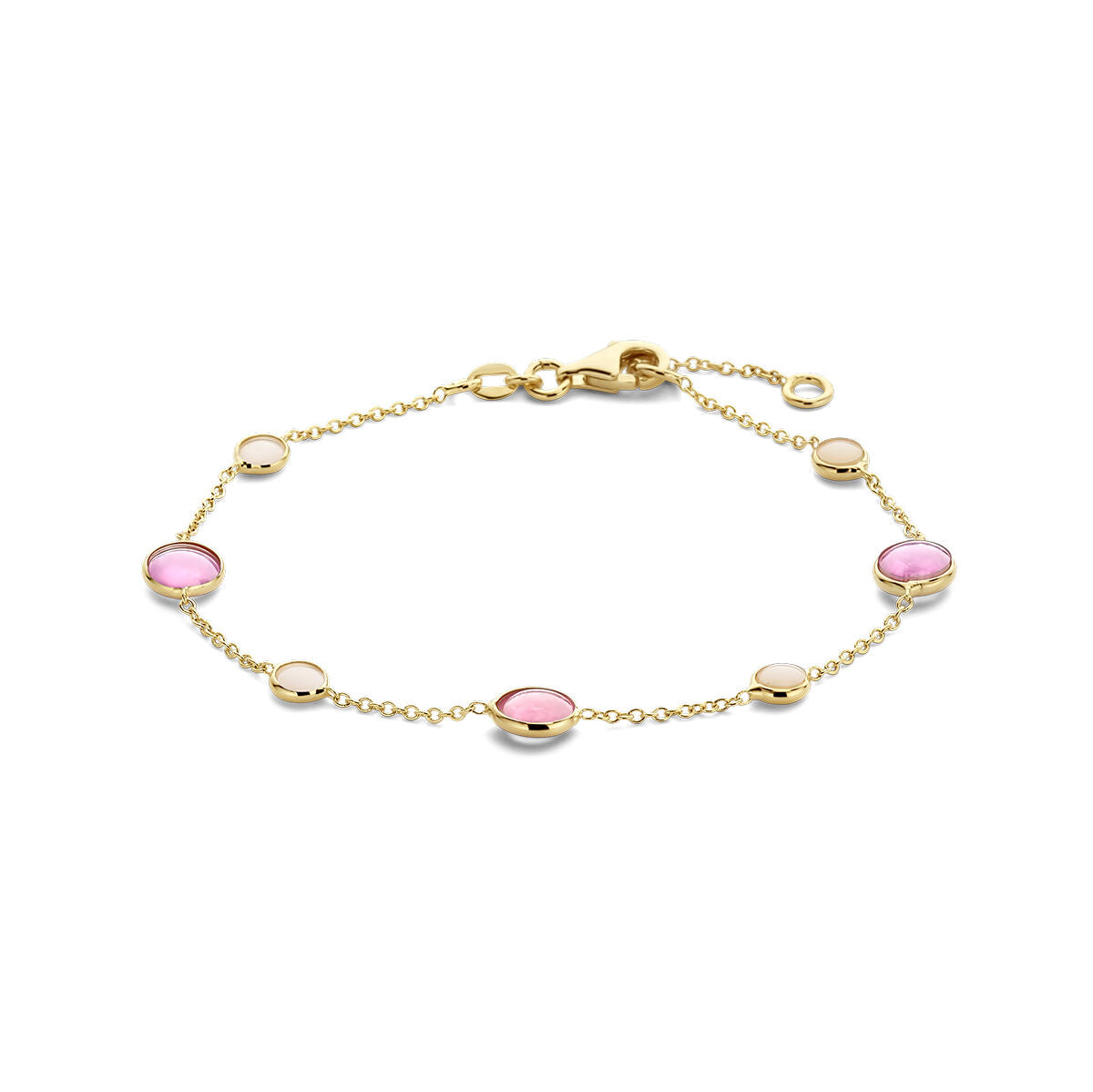 Bracciale in oro 14K con rubini rosa e opali rosa, design delicato con gemme rotonde.