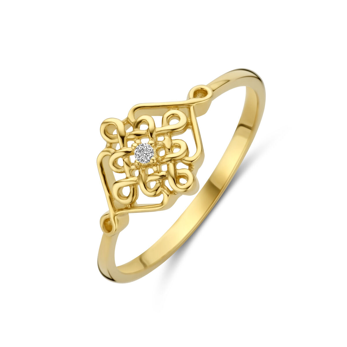 anello in oro giallo 14K con zircone, design intrecciato e brillante centrale