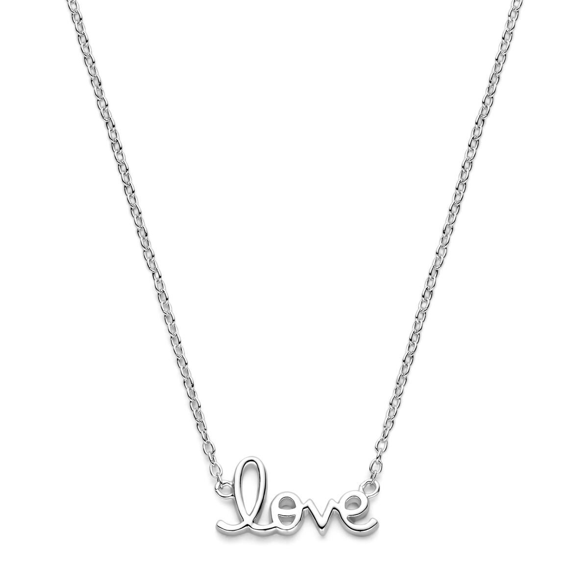 Collana in argento rodiato con pendente "love" in forma stilizzata.