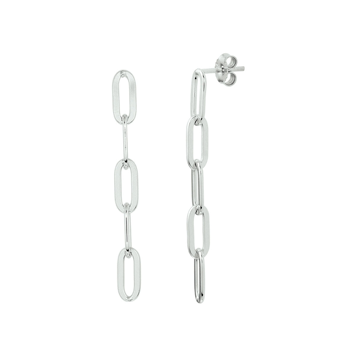 Orecchini pendenti a catena in argento rodiato con forma di clip di carta.
