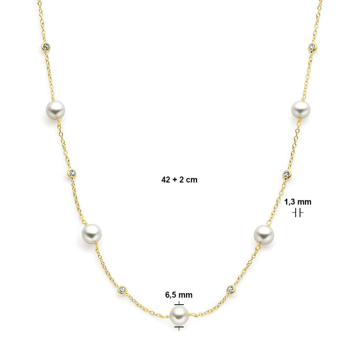 Gouden dames ketting parel en zirkonia 14K