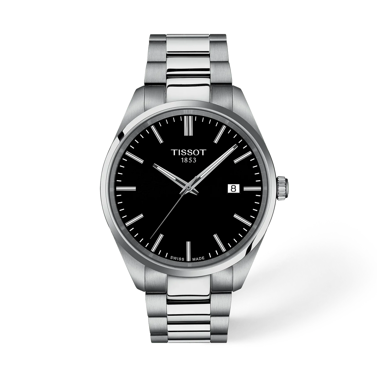 Orologio Tissot PR 100 con cassa in acciaio inox, quadrante nero e bracciale a maglia rolò.