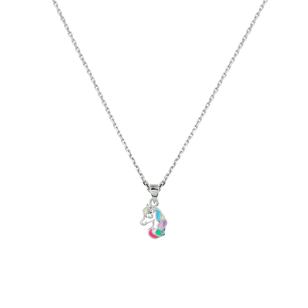Collana in argento rodiato con ciondolo a forma di unicorno colorato.