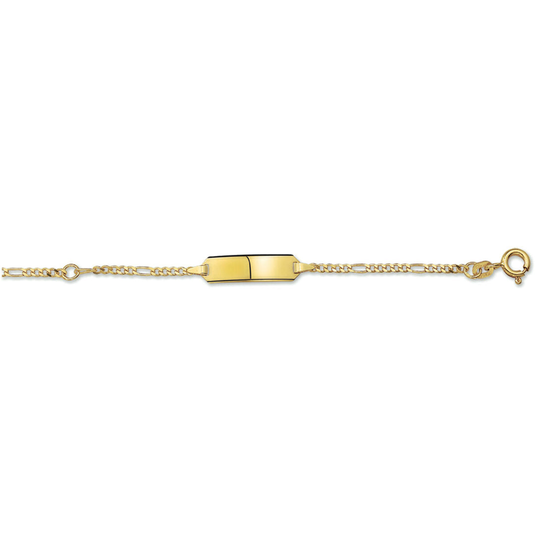 De Van der Kooij Collectie Baby armband goud figaro plaat 5,0 mm 14K is een unisex kinderarmband in 14K geelgoud met een rechthoekige plaat en Figaro schakel—ideaal als graveerarmbandje voor een persoonlijke gravering.