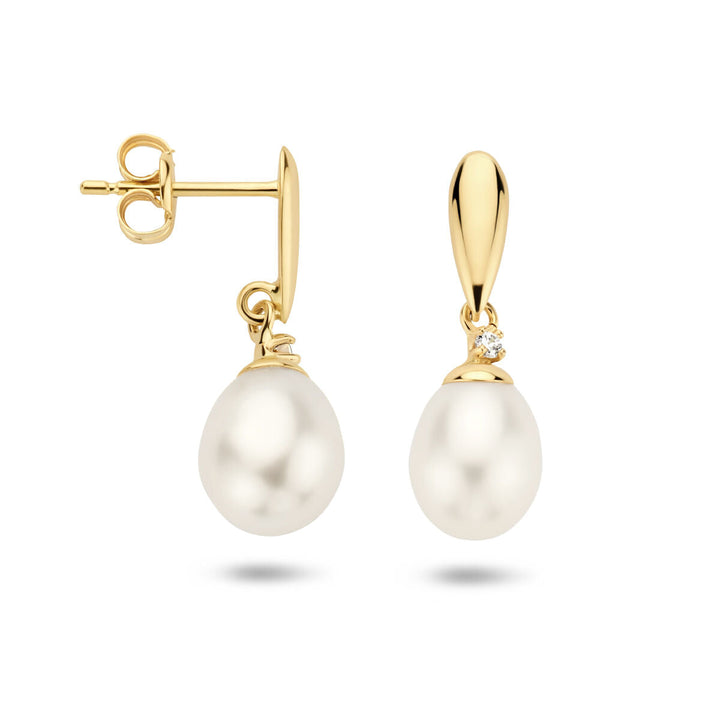 oorhangers parel en zirkonia 14K geelgoud