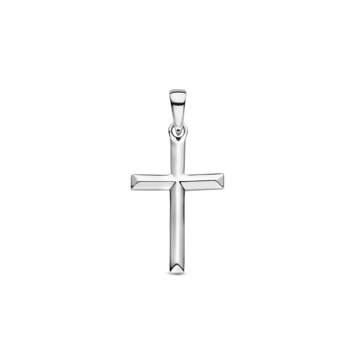Ciondolo a forma di croce in argento rodiato, con finitura lucida e dettagli geometrici.