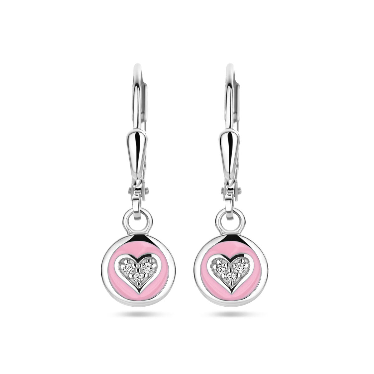 Orecchini a pendente con cuore in zircone e smalto rosa, in argento rodiato.